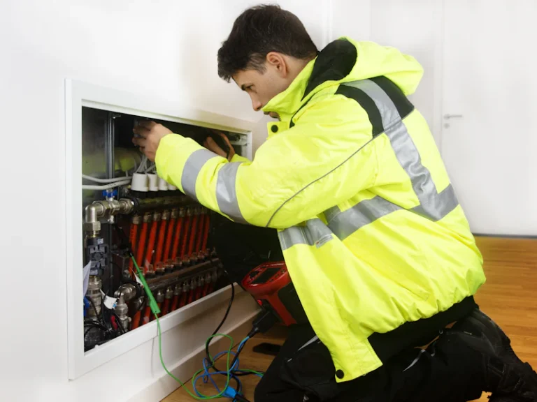 Technician carrying out scheduled AC maintenance